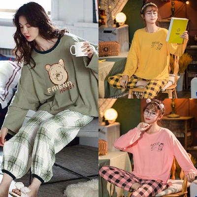2 Teile/satz Herbst und Winter Pyjamas Weibliche Lange Ärmeln Cartoon Bär Casual Mädchen Homewear Leicht Zu Reinigen Plaid Grün Nachtwäsche