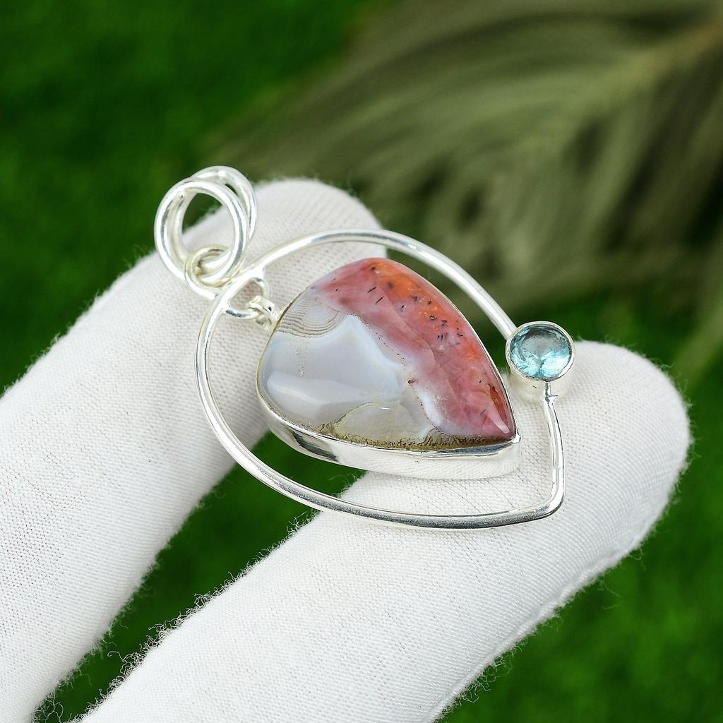 925 Silver Natural Crazy Lace Agate Topaz Anniversary Bezel Wife Pendant Jewelry