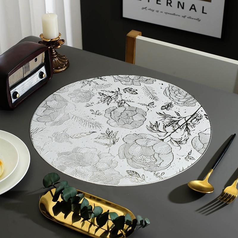 1Pc 38x38cm Round Gold Silver Flower Pattern Home Dinner Table Placemat Decoration PVC Insulation Cup Mat Wedding Party Decor