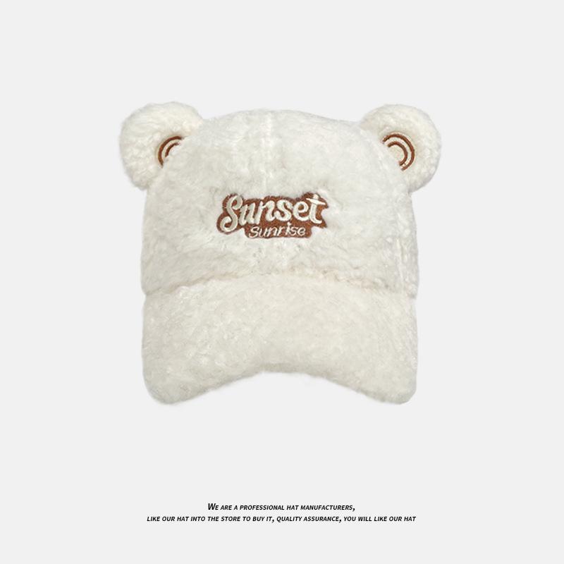 Korean Version Ins Cute Bear Ears Hat Women's Lamb Velvet Letter Embroidered Baseball Cap Winter Warm Peaked Cap
