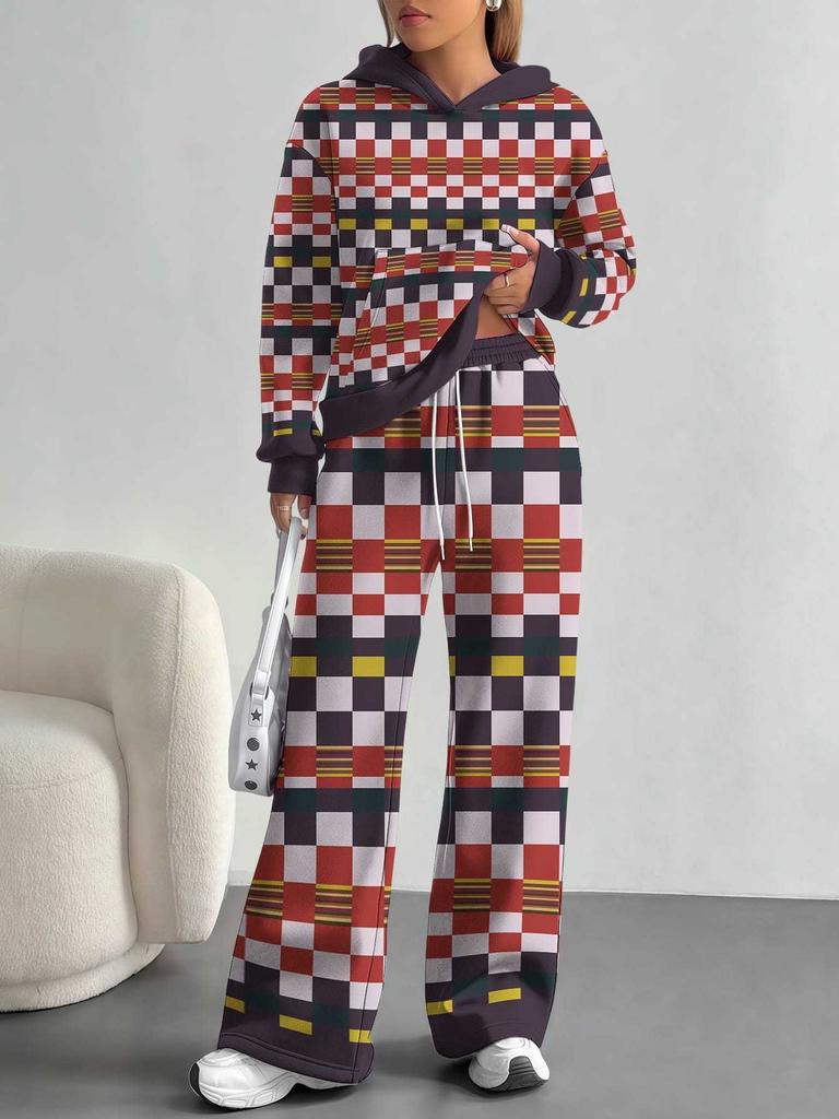 Square Splicing European, American Autumn and Winter Casual Long-sleeved Suit Women's Hooded Sweater Trousers Two-piece Set