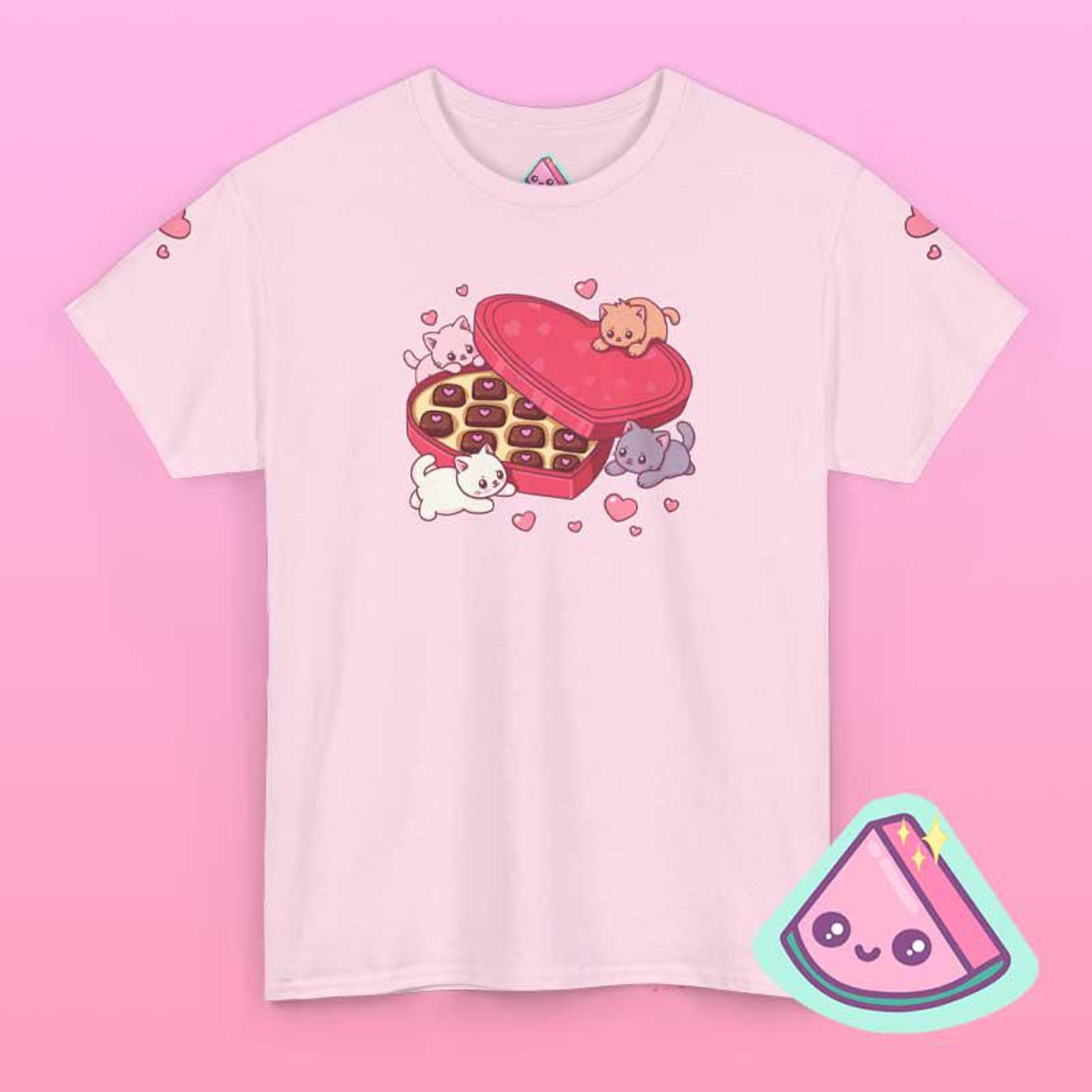 Cute Kawaii Cat Chocolates Tee, Pink Heart Kitty Shirt, Sweet Pastel Gift 2XL