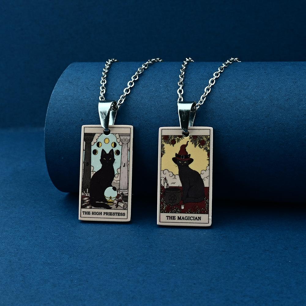 Stainless Steel Cat Tarot Card Necklace for Men Women Animal Divination Jewelry Accessory