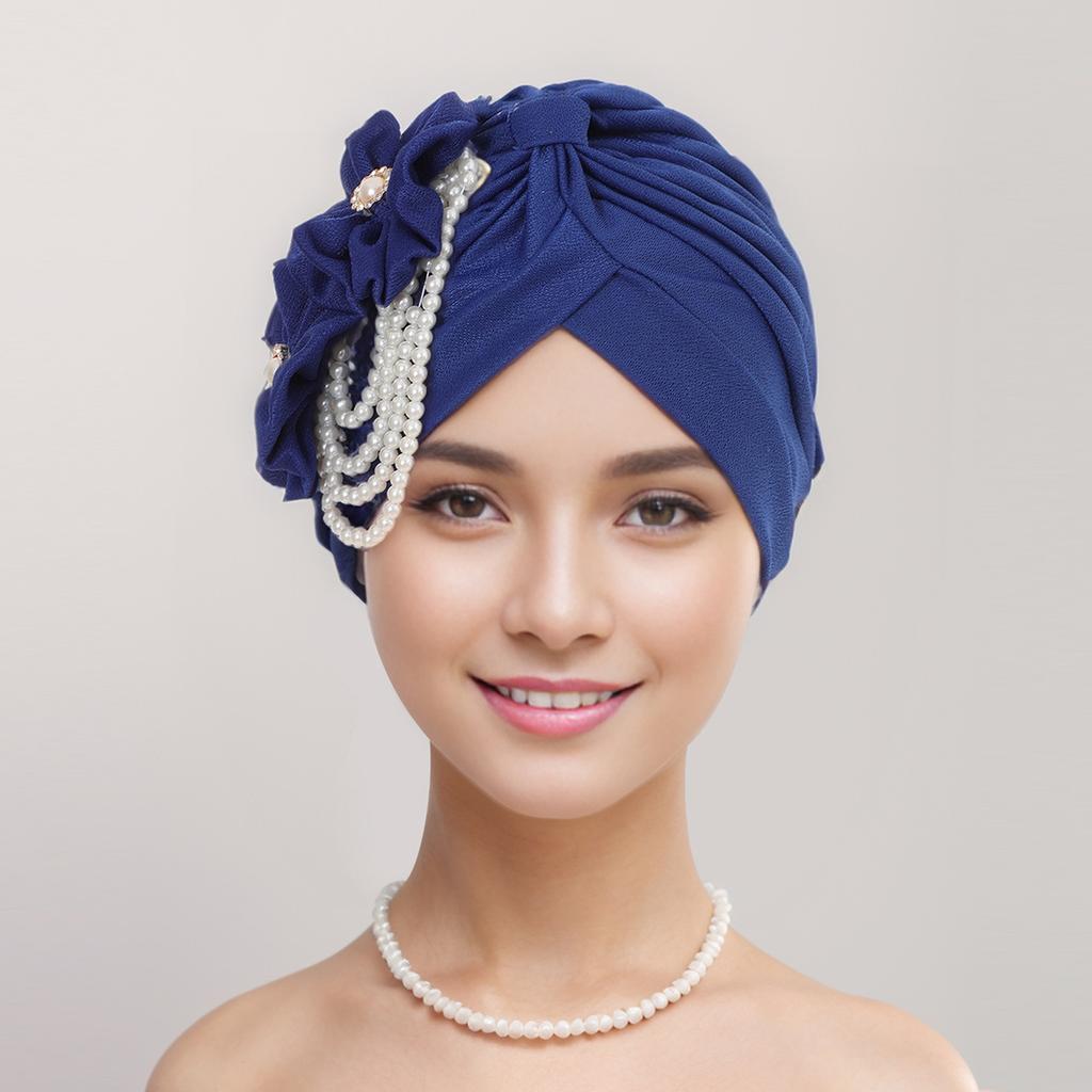 Pearls Beading Turban Cap for Women Flower Design Female Head Wraps Muslim Headscarf Bonnet Hairloss Hat Cover