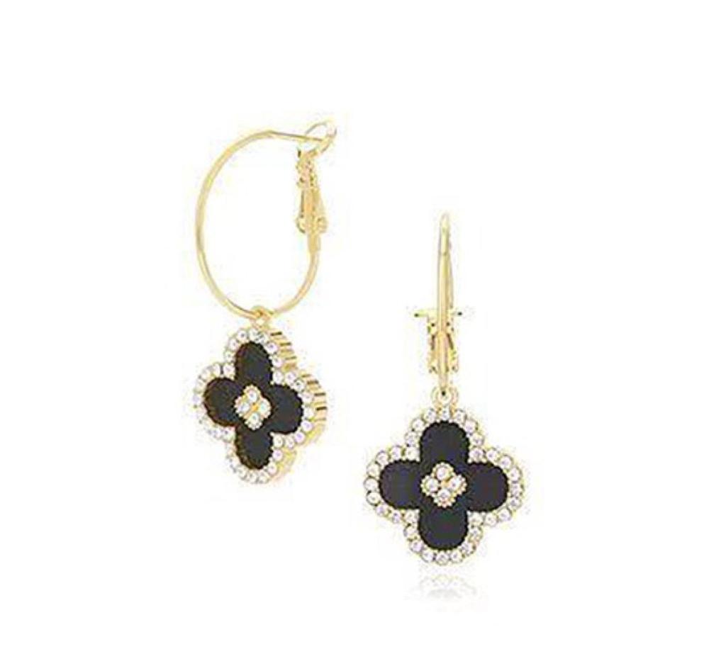 Dame Svart & Hvit Firkløver Øredobber - Fransk Mote, 925 Sølvnål, Geometrisk Design