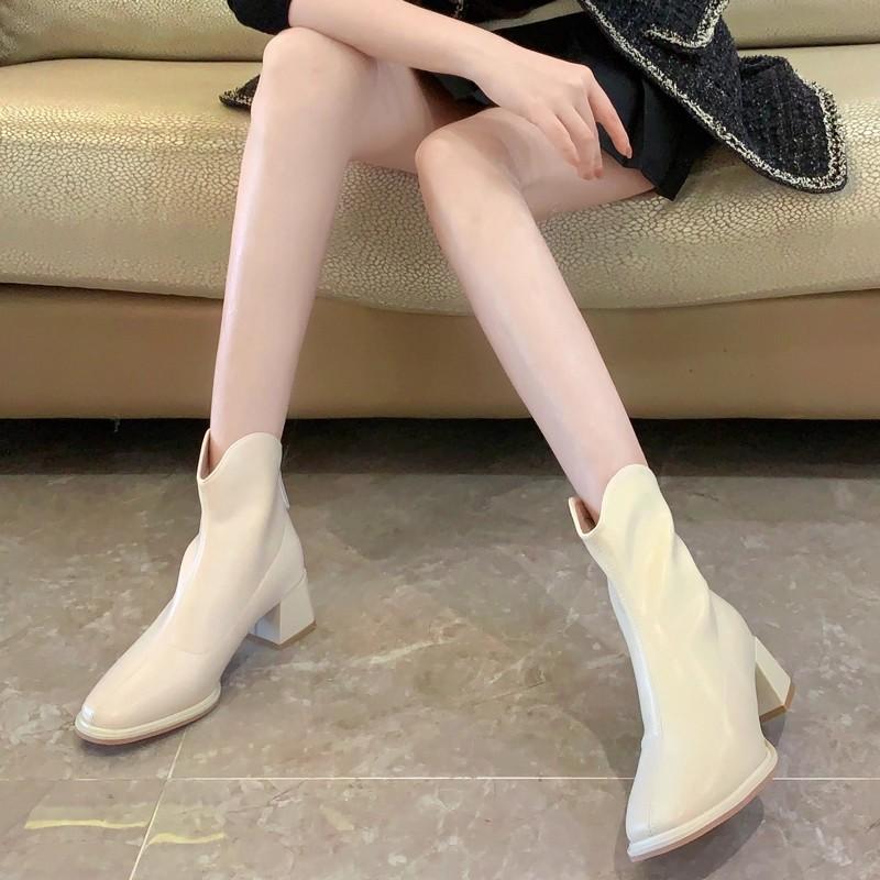 Women's Shoes, White Short Boots, Women's 2025 Autumn and Winter New Square Head Thick Heel Thin Boots, Thin and Velvet, Zipper High Heel Naked