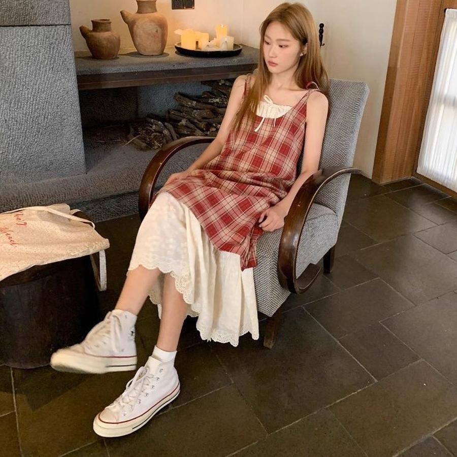 Lace Patchwork Check Suspender Dress Women Summer New Style Loose Fit Slimming Fake Two Piece Dress