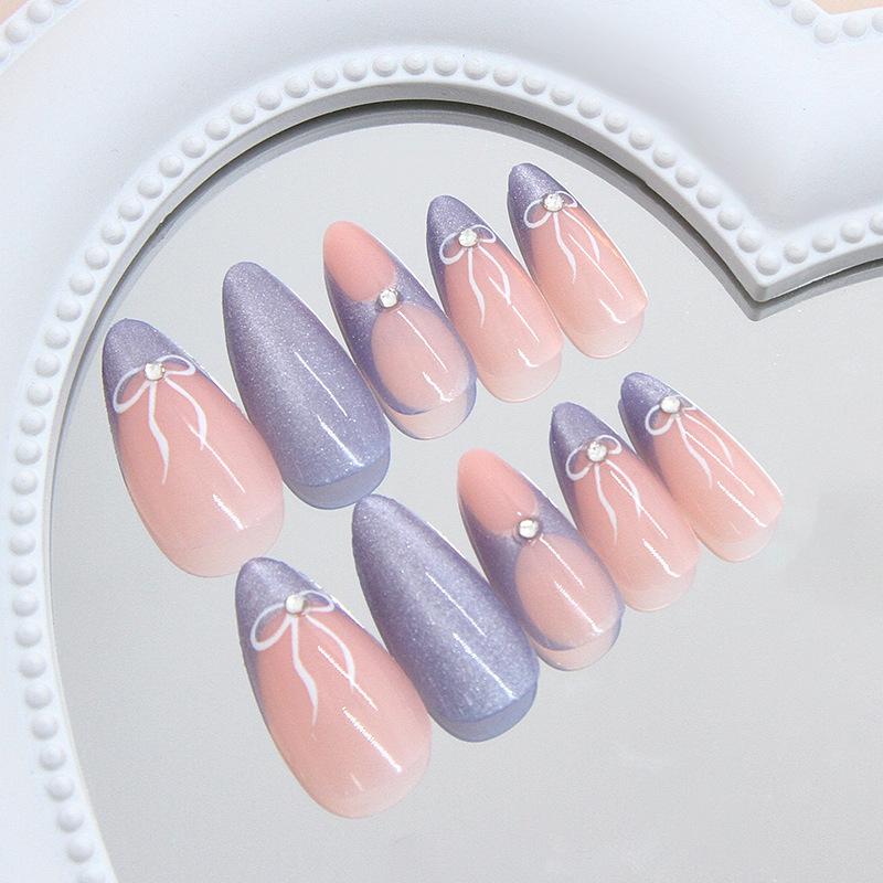 Cat Eye Crisp Blue French Bow Removable Nail Art 24 Tablets