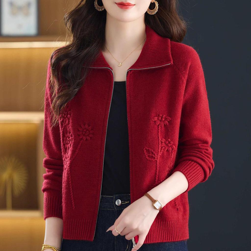 Women's Short Cardigan Sweater - 2025 Spring/Autumn Fashion, Loose Knitted Zipper Jacket for Moms