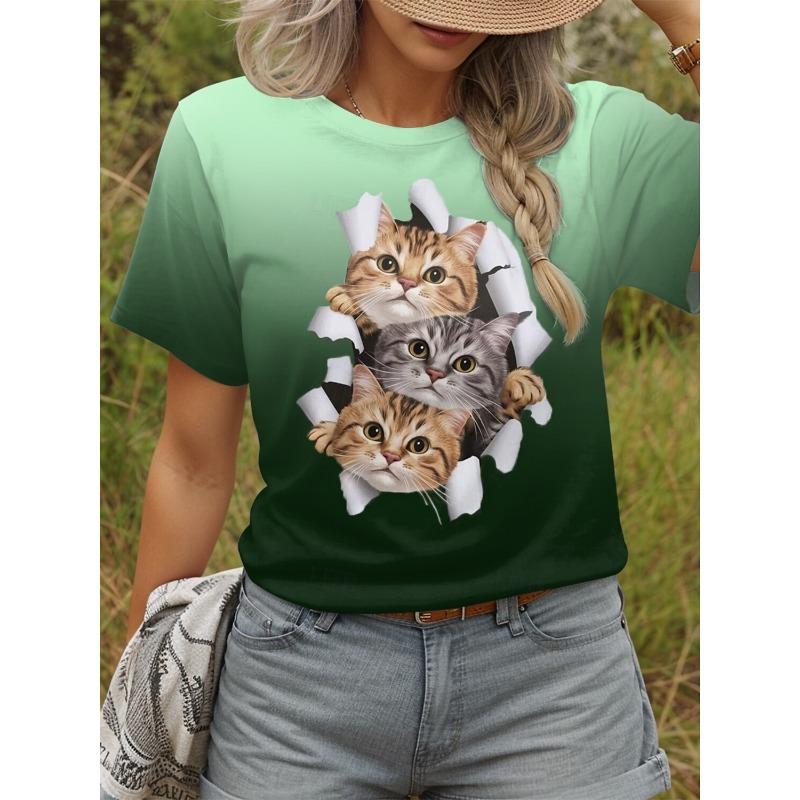 Women's T Shirt Cat Graphic Animal Stylish Classic Casual Short Sleeve Crew Neck Regular Tops Daily Weekend Print Summer Spring