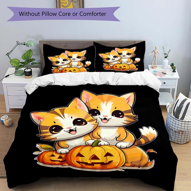 3pcs Two Kittens & Halloween Pumpkin Quilt Cover Set, Polyester Fabric, All-Season Comforter Set For 1 Quilt Cover & 2 Pillowcases