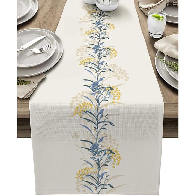 Summer Table Runner 70 Inches Long Spring Flower Wild Leaves Seasonal Runner for Tables Dining Room Blue White Yellow Floral Holiday Dinner Runner