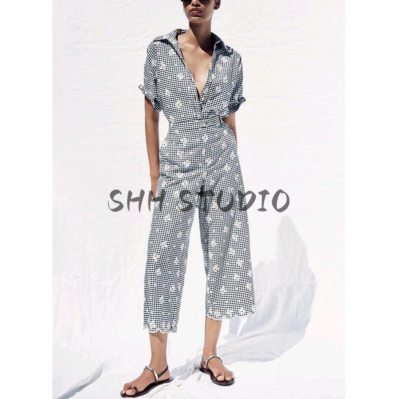 Cut Out Embroider Decorative Long Sleeves Lapel Shirt 3409930 Small Plaid Wide Leg Casual Trousers 3400930