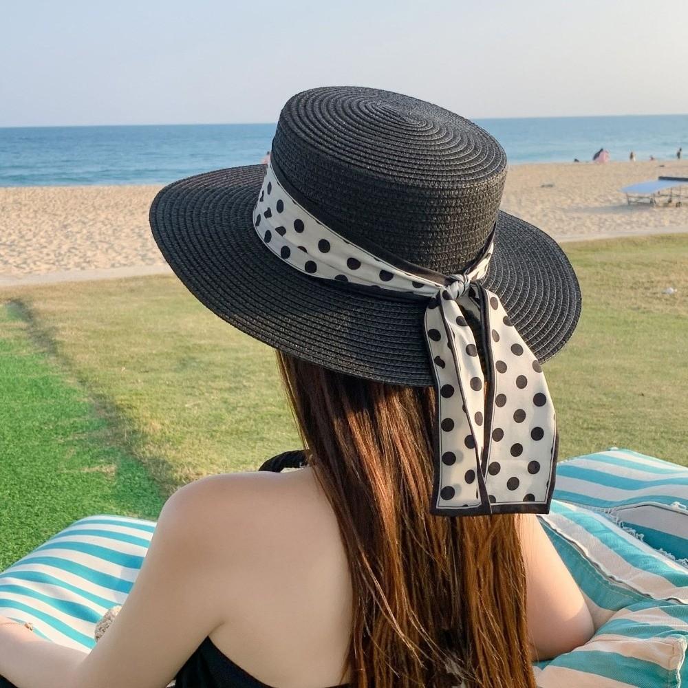 Dot Ribbon Beach Straw Cap Elegant Wide Brim Hat Fashion Sun Protection Cap  Summer Season