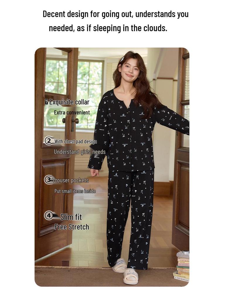 Women's Long Sleeve Cotton Kimono Pajamas with Chest Pads - Cute Cartoon V-Neck Set for Spring and Autumn