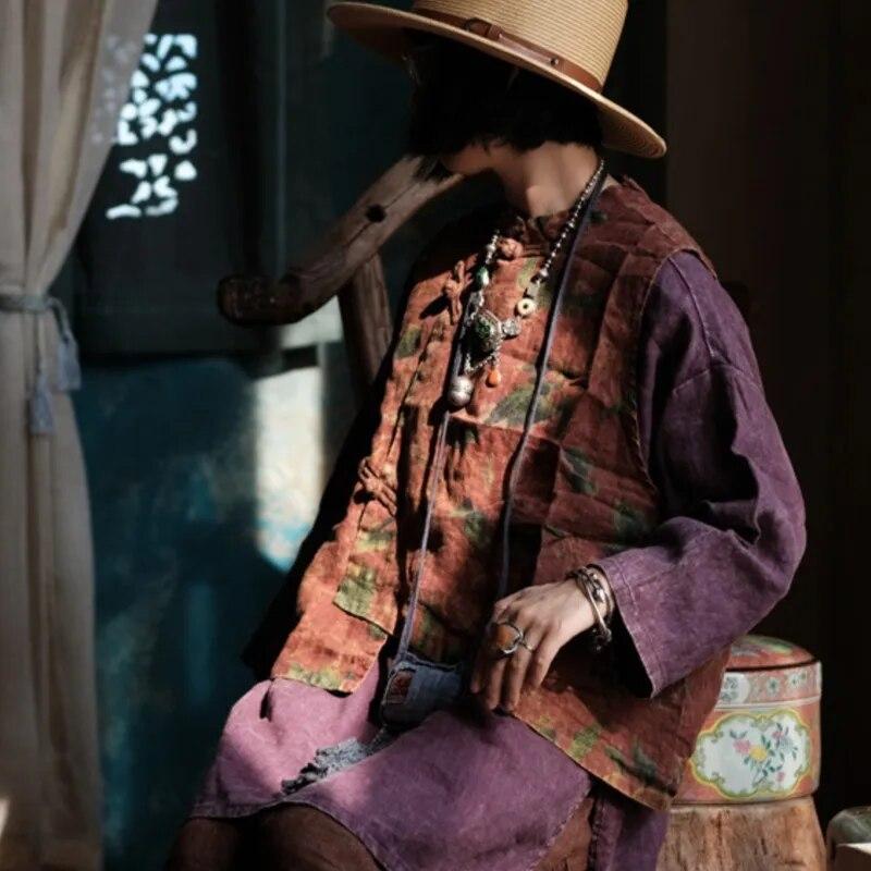 

Johnature женские винтажные льняные жилеты с пуговицами и цветочным принтом, осенние женские жилеты на пуговицах в китайском стиле One Size темно-красного