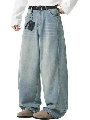 WINROMTICO Szerokie Jeansy Denimowe z Gumką Luźne Retro Street Vintage Jednolity Na Każdą Porę Roku Męskie Talia, Dopasowanie, Styl, Codzienny, Wykończenie, Kolor, Stylowe,