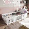 Children's bed 90 x 200 cm, with roof trim and window, with storage compartment, with safety rail and door, solid wood bed with slatted frame, white