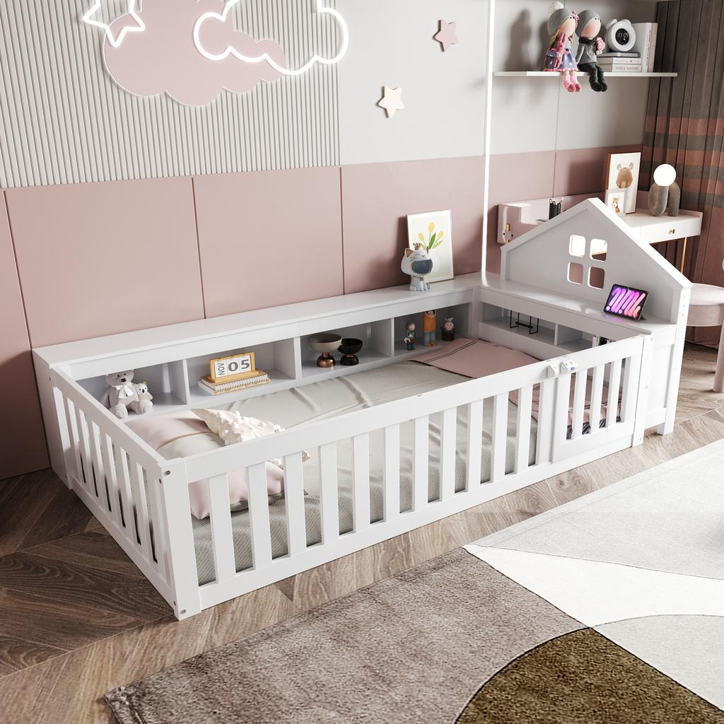 Children's bed 90 x 200 cm, with roof trim and window, with storage compartment, with safety rail and door, solid wood bed with slatted frame, white