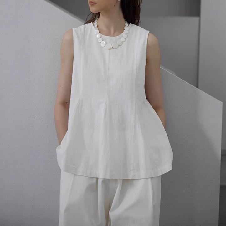 Minimal American French cotton and linen shirt summer new waist round neck sleeveless linen unique top