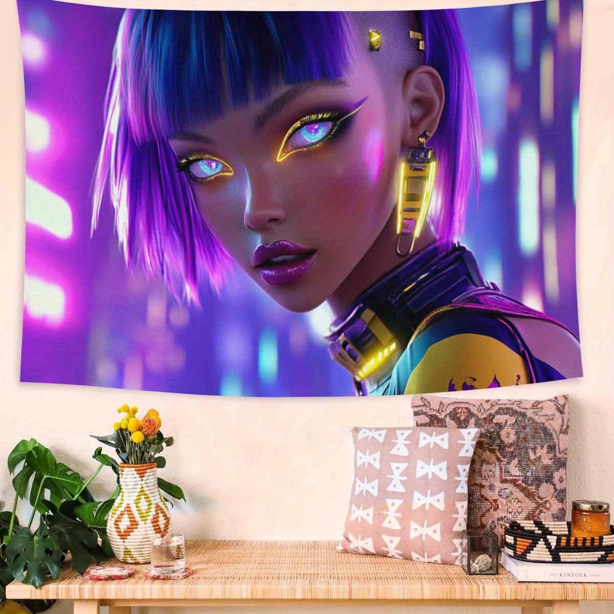 Гобелен Киберпанк Женщина Футуристический Неоновый Портрет Настенное Искусство для Спальни Большое Декоративное Подвесное Добавьте Современный Стиль 74x94cm(29x37in)