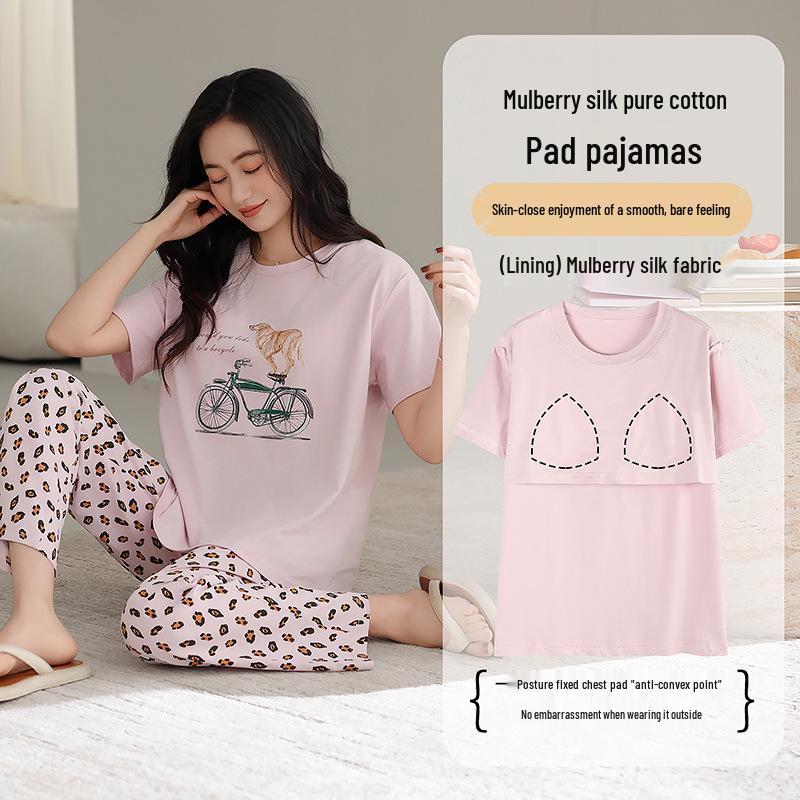 

Women s Summer Cotton Pajama Set with Short Sleeves, Long Pants, and Built-in Silk Bra Pads M (40-50 kg)