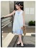 Women's clothing 2026 summer new layered hollow dress, mid size children's vacation style striped two-piece set, stylish