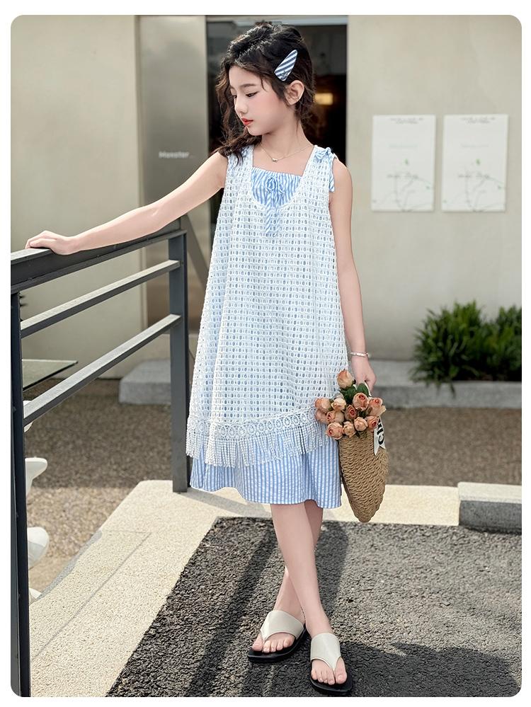 Women's clothing 2026 summer new layered hollow dress, mid size children's vacation style striped two-piece set, stylish