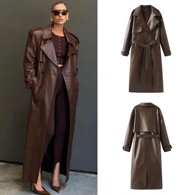2024 frauen Neue Mode Mit Gürtel Lange stil Einreiher Faux Leder Mantel Vintage Langarm Taschen Weibliche Oberbekleidung
