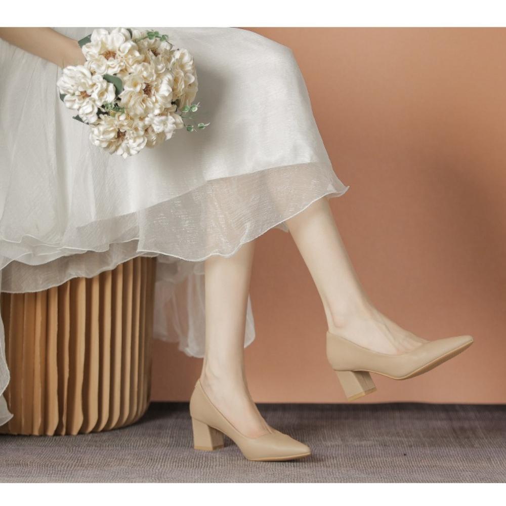 Women's French Nude High Heels 2025 Spring Autumn New Soft Leather Non-Tiring Feet Commuting Work Interview Versatile Shoes XCY40-555