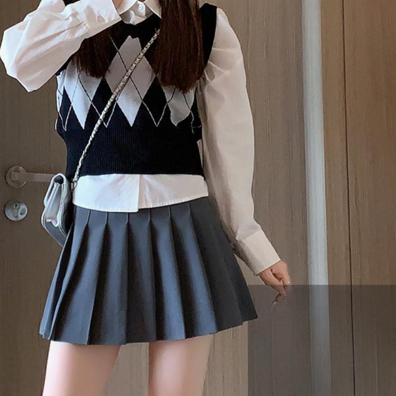 Women In Women's White Korean Style New Style College Style Black Plaid Slit A-line Short Skirt Summer Autumn and Winter High-waisted Skirt