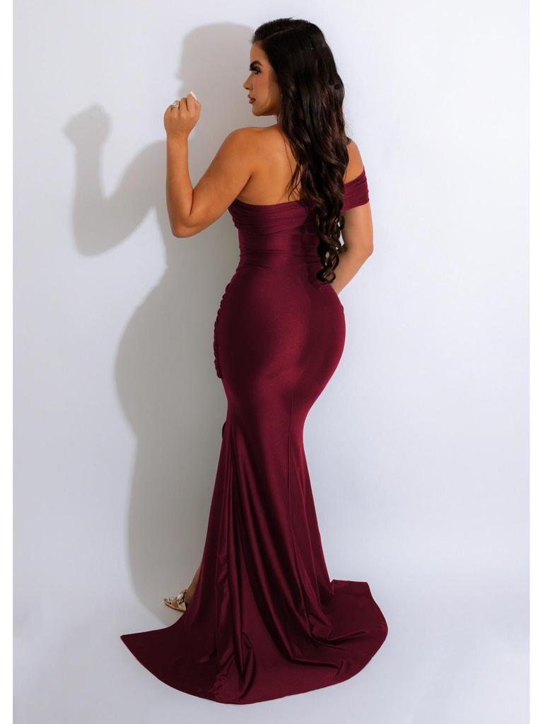 European & American Women's One-Shoulder Slit Evening Gown