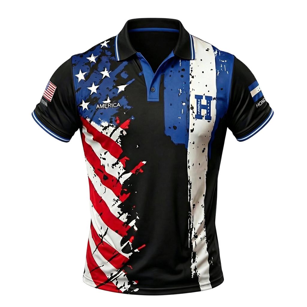 Men's Loose Fit Casual Short Sleeve Polo Shirt with Flag Print Comfortable Button Down Top for Everyday Wear