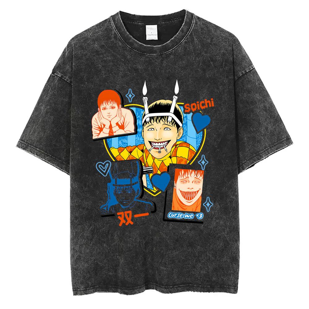 Anime Tomie Junji Ito Vintage Washed T-shirt Men Women Manga Horror Gothic Rock T Shirts Male Retro High Quality Cotton T-shirts