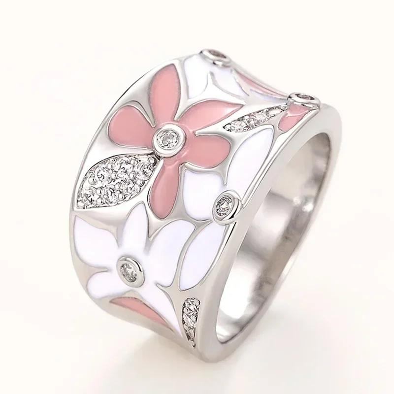 2025 Women's Wedding Party Beautiful Enamel Flower Ring New Silver European and American Style Luxury Zircon Jewelry Gift