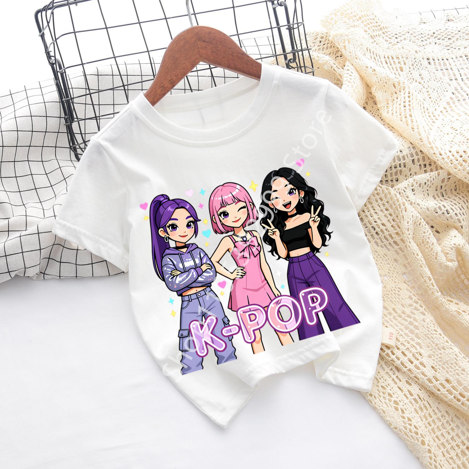 Girls KPOP Idol Group Print Short Sleeve Boys and Girls TShirt Cute Cartoon Graphic Tee Kids Summer Casual Top 100