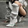 Button Stitching Pleated Women Boots 2025 Summer New Thin Heel Knee High Boots Women's Pointed Turned-Over Edge Boots