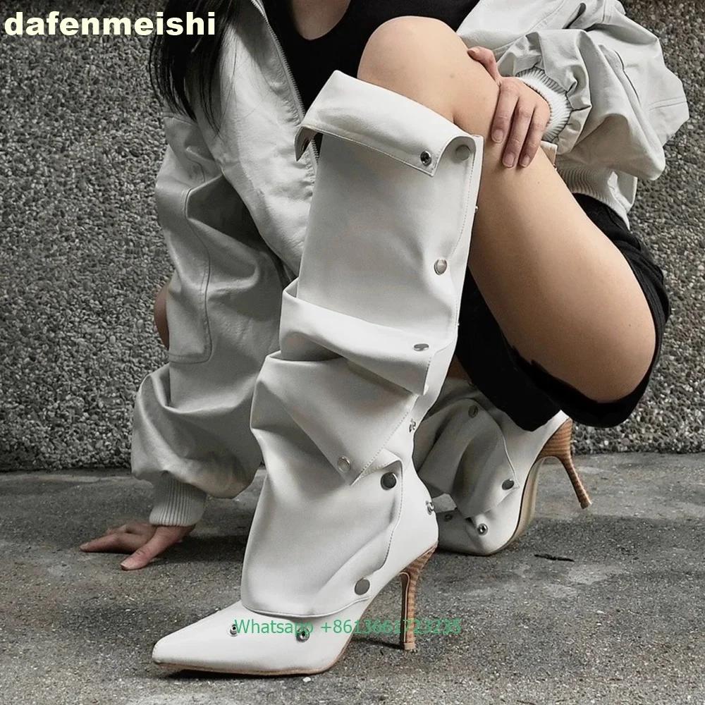 Button Stitching Pleated Women Boots 2025 Summer New Thin Heel Knee High Boots Women's Pointed Turned-Over Edge Boots