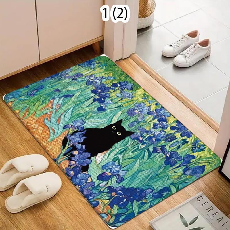 Colorful Flower Black Cat Carpet Cute Cat Indoor Entrance Doormat Living Room Kitchen Bedroom Decoration Door Mat 40cm x 60cm