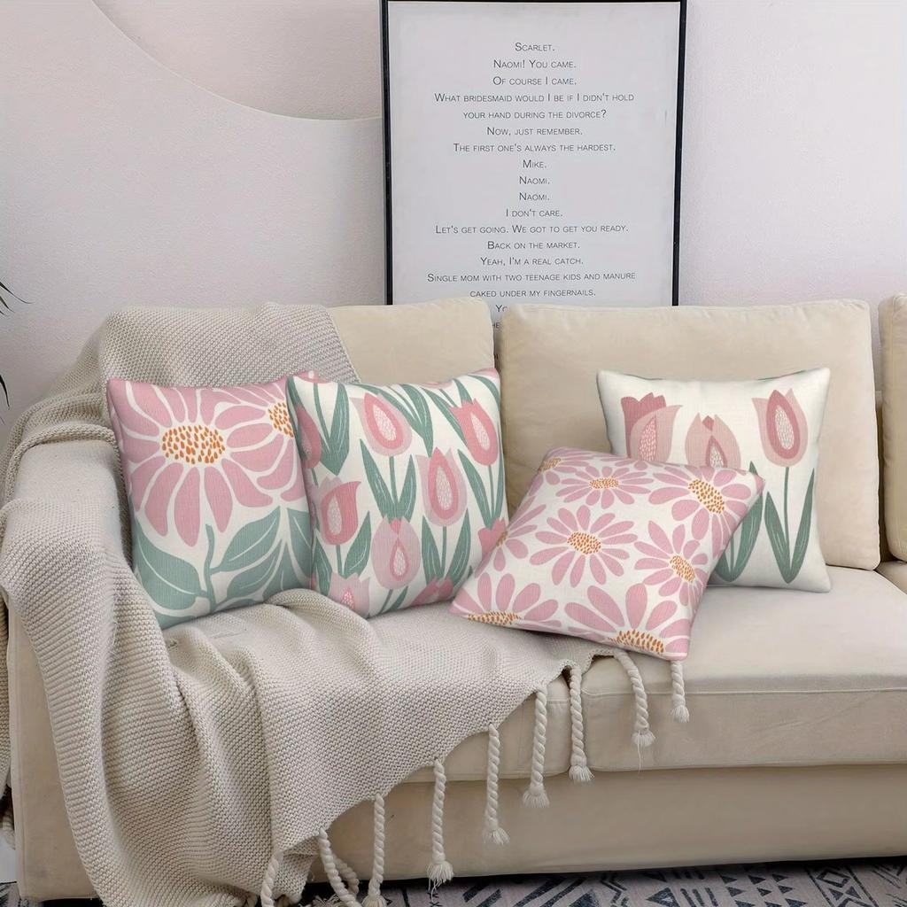 pc Fresh Pink Green Floral Pillow Cover D DoubleSided Polyester Cushion Case Daisy Tulip Decor Gift for Flower Lov