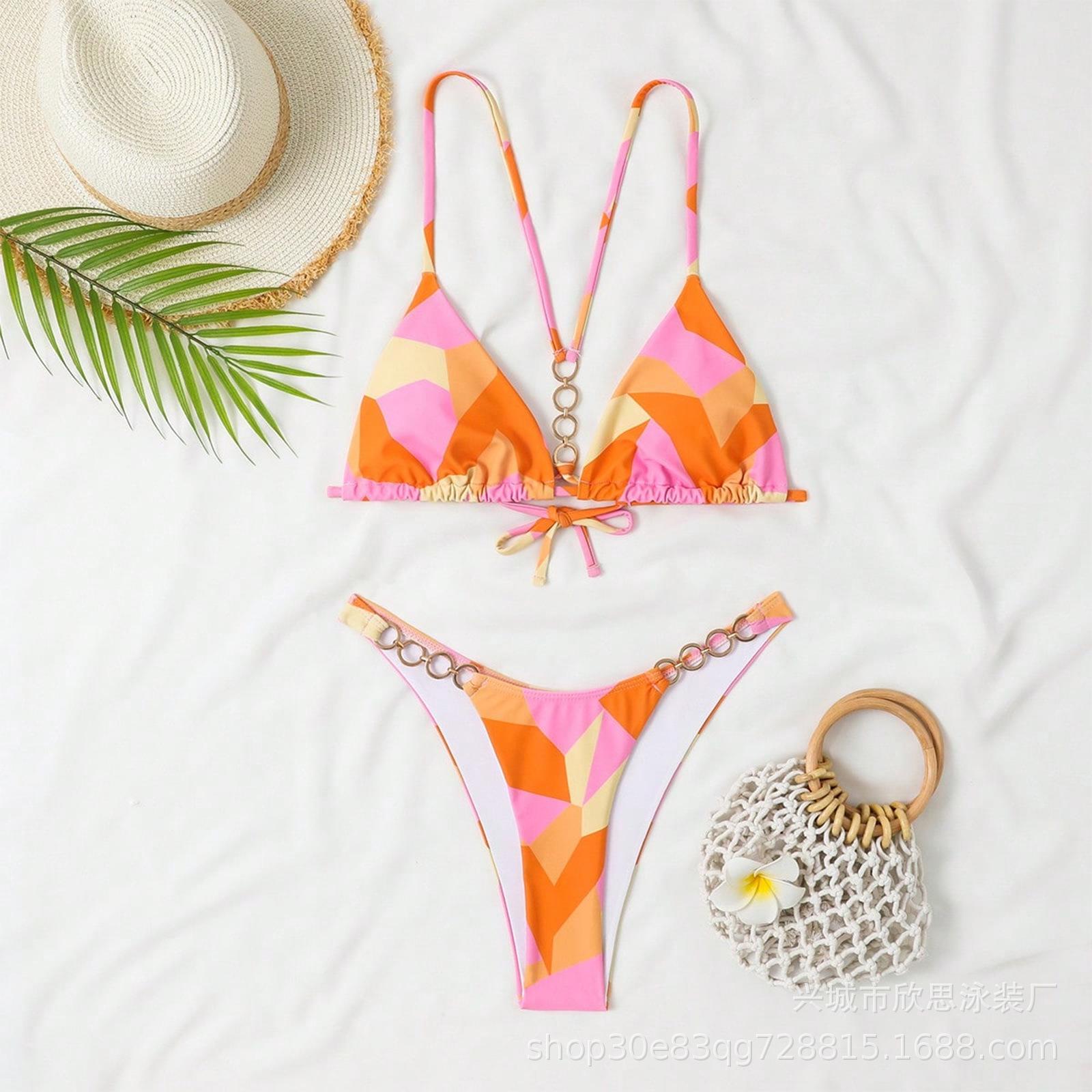 Sexy Printed Circle Strap Bikini Women s Triangle Suit Split Swimsuit S