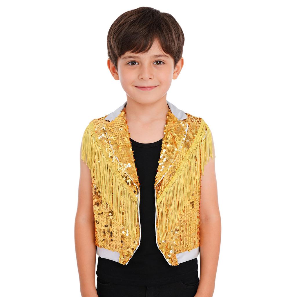 Gilet de Performance Scénique Danse Jazz pour Garçons à Franges Paillettes Scintillantes Revers de Couleur Contrastante Haut Sans Manches