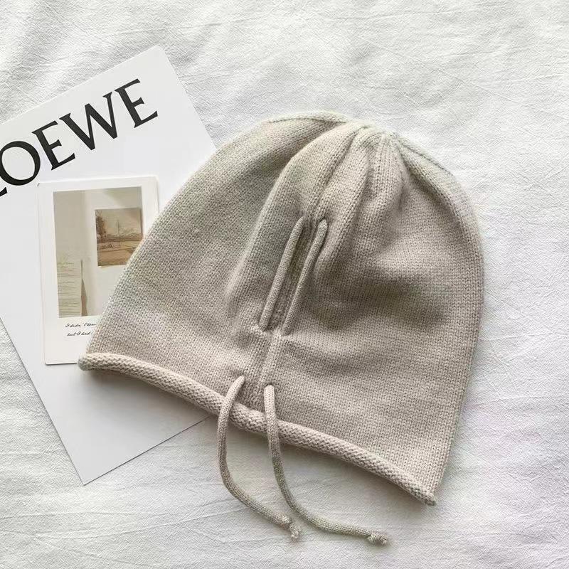 Drawstring Crimping Stack Hat Women's Autumn and Winter Simple Loose Wool Knitted Hat Big Head Circumference Showing Face Small Cold Hat