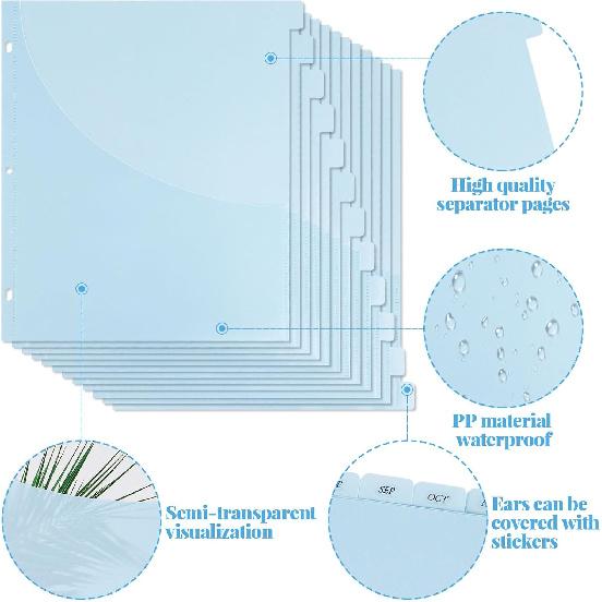 Dividers for 3 Ring Binder, 12-Tab Plastic Binder Dividers with Front Pocket, ertable Translucent Blue Tab Dividers for 3 Ring Loose Leaf Binders,