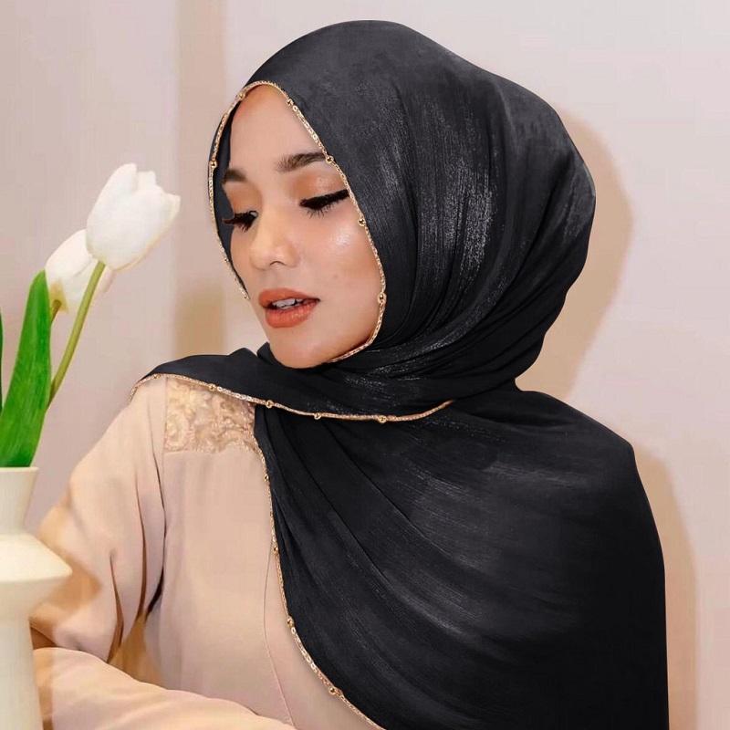 New Beading Silk Crinkle Hijab Scarf Women Shimmer Shawls Plain Muslim Women Hijabs Islam Turban Pleated Scarf Ramadan