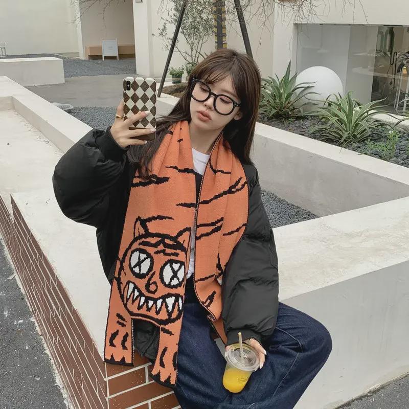 Korean Soft Girl Chic Scarf: Cute Knitted Tiger Wool Shawl for Students