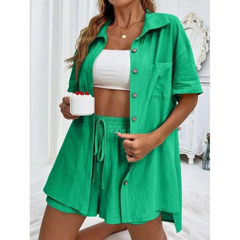 Mode Schwarzes Kurzarmhemd und Shorts Zweiteilige Sets Damen Sommer Baumwolle Leinen Lässig Zuhause 2-teilige Sets Damen Outfit