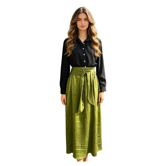 Damen 2-teiliges Maxiröck-Set Langarm-Hemd mit Knöpfen und Rock mit hoher Taille Passende Outfits Sommerurlaub Lounge-Sets