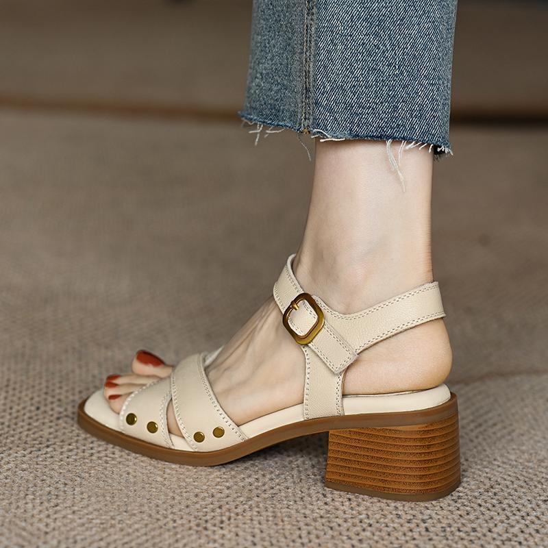 French Mid-heel Open-toe Sandals for Women's 2025 New Summer Fashion Cross-strap Commuting Chunk-heeled Anti-slip Women's Shoes