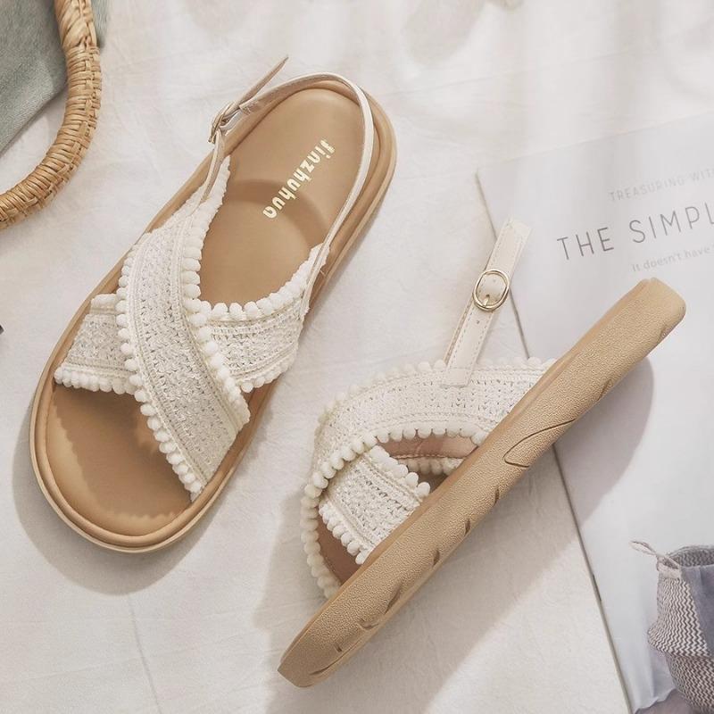 Fashion French Flat-Soled Sandals Women 2025 Summer New Fashion One-Word Buckle Casual Womens Shoes Flat-Soled Comfortable Roman Sandals